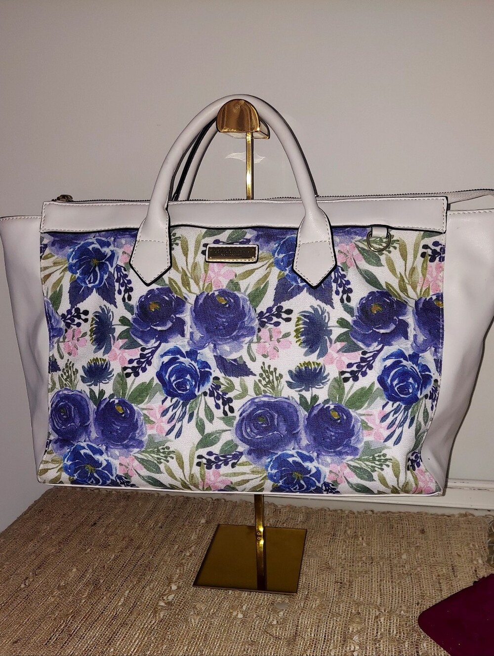 London Fog White Tote with Blue Floral Print